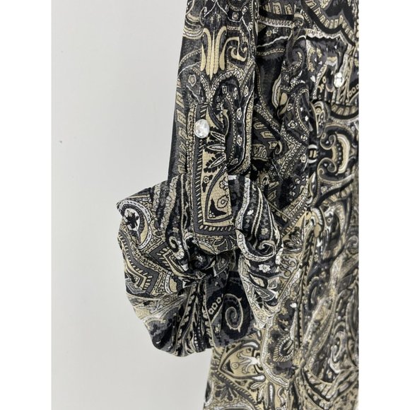 INC Black Paisley Long Sleeve Rhinestone Buttons Sheer Collared Top Shirt XL - Picture 6 of 14